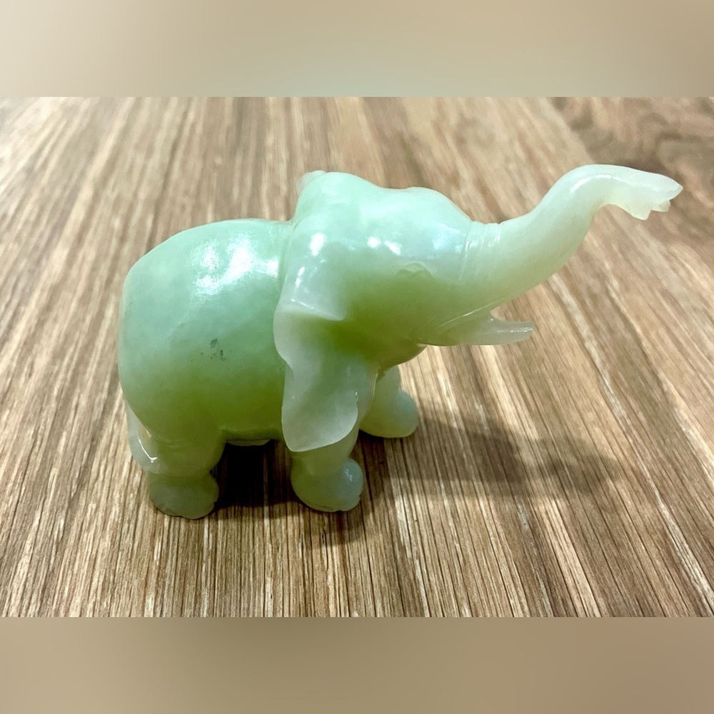Vintage Pale Green Jade Elephant Trunk up Good Luck Glass Figurine